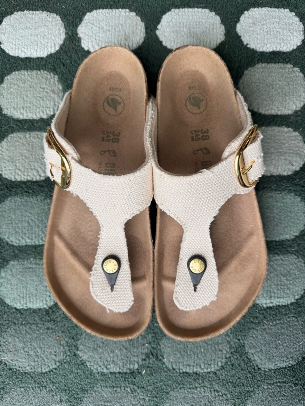 Birkenstock White Canvas Gizeh Thong Sandals with Gold Buckles